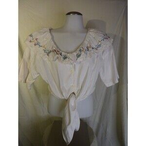Vintage 70's CROP TOP-Cotton-Embroidered Collar-sz L